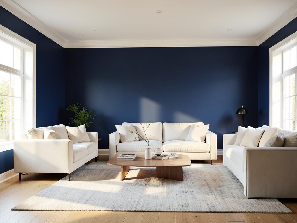 Sala pintada com tinta Suvinil em tom azul profundo